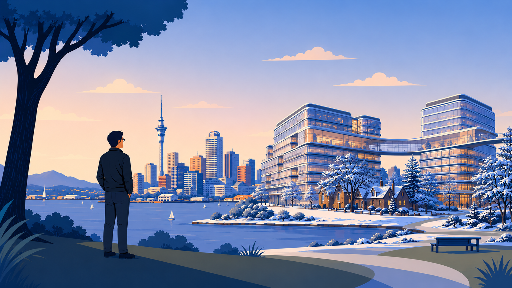 Blue academic illustration of a campus with data science and AI motifs